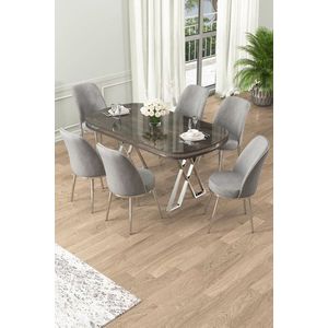 Dining Table & Chairs Set (7 Pieces) Lai - Anthracite, Chrome, Grey obraz