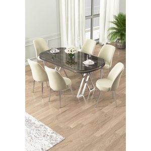 Dining Table & Chairs Set (7 Pieces) Lai - Anthracite, Chrome, Cream obraz