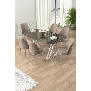 Dining Table & Chairs Set (7 Pieces) Lai - Anthracite, Chrome, Cappuccino obraz