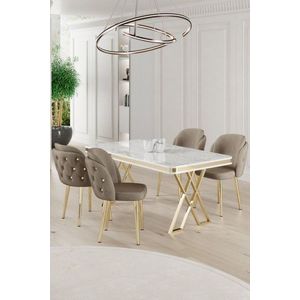 Dining Table & Chairs Set (5 Pieces) Rigel - White, Gold, Cappuccino obraz