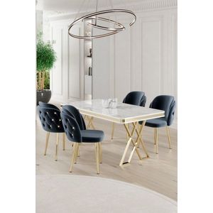 Dining Table & Chairs Set (5 Pieces) Rigel - White, Gold, Anthracite obraz