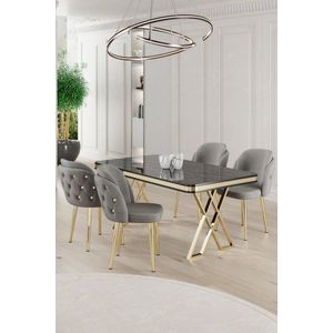 Dining Table & Chairs Set (5 Pieces) Rigel - Black Marble, Gold, Grey obraz