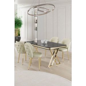 Dining Table & Chairs Set (5 Pieces) Rigel - Black Marble, Gold, Cream obraz