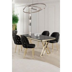 Dining Table & Chairs Set (5 Pieces) Rigel - Black Marble, Gold, Black obraz