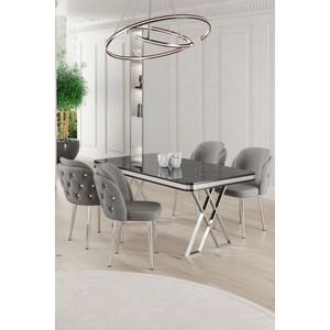 Dining Table & Chairs Set (5 Pieces) Rigel - Black Marble, Chrome, Grey obraz