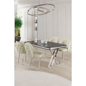 Dining Table & Chairs Set (5 Pieces) Rigel - Black Marble, Chrome, Cream obraz