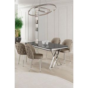 Dining Table & Chairs Set (5 Pieces) Rigel - Black Marble, Chrome, Cappuccino obraz