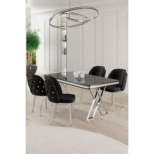 Dining Table & Chairs Set (5 Pieces) Rigel - Black Marble, Chrome, Black obraz