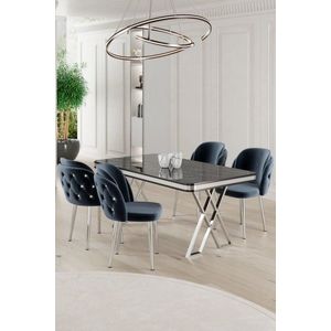Dining Table & Chairs Set (5 Pieces) Rigel - Black Marble, Chrome, Anthracite obraz