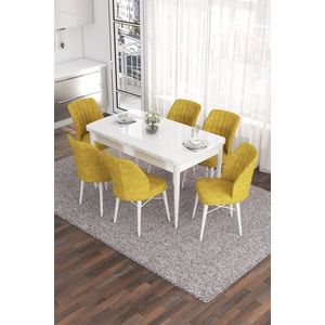 Extendable Dining Table & Chairs Set (7 Pieces) Eva - White, Mustard obraz