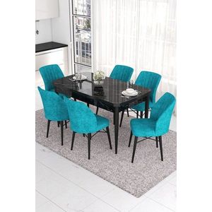 Extendable Dining Table & Chairs Set (7 Pieces) Eva - Black Marble, Turquoise obraz