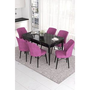 Extendable Dining Table & Chairs Set (7 Pieces) Eva - Black Marble, Purple obraz