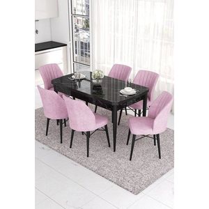 Extendable Dining Table & Chairs Set (7 Pieces) Eva - Black Marble, Pink obraz