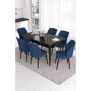 Extendable Dining Table & Chairs Set (7 Pieces) Eva - Black Marble, Navy Blue obraz