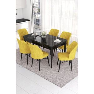 Extendable Dining Table & Chairs Set (7 Pieces) Eva - Black Marble, Mustard obraz
