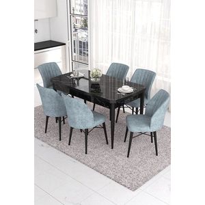 Extendable Dining Table & Chairs Set (7 Pieces) Eva - Black Marble, Grey obraz