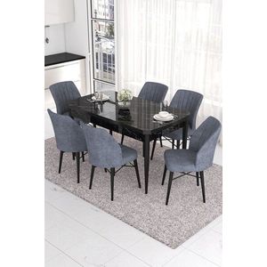Extendable Dining Table & Chairs Set (7 Pieces) Eva - Black Marble, Fume obraz