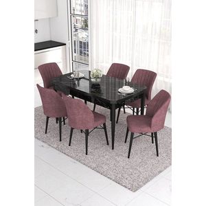 Extendable Dining Table & Chairs Set (7 Pieces) Eva - Black Marble, Dusty Rose obraz