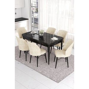 Extendable Dining Table & Chairs Set (7 Pieces) Eva - Black Marble, Cream obraz