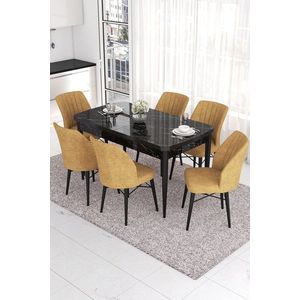 Extendable Dining Table & Chairs Set (7 Pieces) Eva - Black Marble, Cappuccino obraz