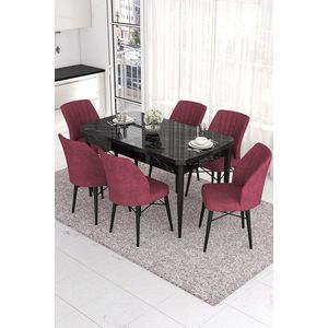 Extendable Dining Table & Chairs Set (7 Pieces) Eva - Black Marble, Burgundy obraz