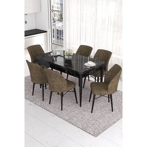 Extendable Dining Table & Chairs Set (7 Pieces) Eva - Black Marble, Brown obraz