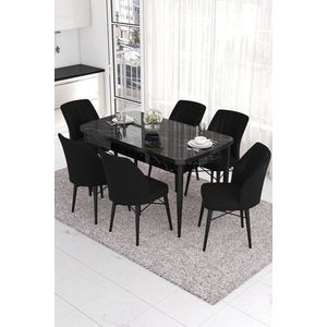 Extendable Dining Table & Chairs Set (7 Pieces) Eva - Black Marble, Black obraz