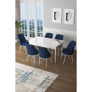 Extendable Dining Table & Chairs Set (7 Pieces) Zen - White, Navy Blue obraz
