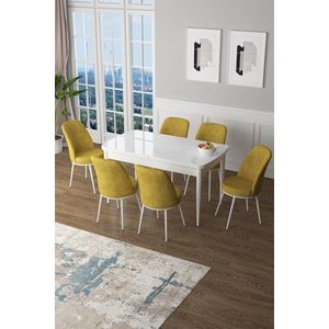 Extendable Dining Table & Chairs Set (7 Pieces) Zen - White, Mustard obraz
