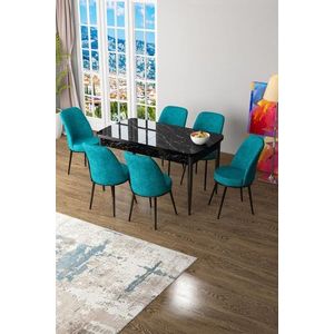 Extendable Dining Table & Chairs Set (7 Pieces) Zen - Black Marble, Turquoise obraz