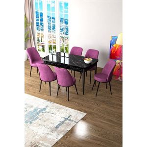 Extendable Dining Table & Chairs Set (7 Pieces) Zen - Black Marble, Purple obraz