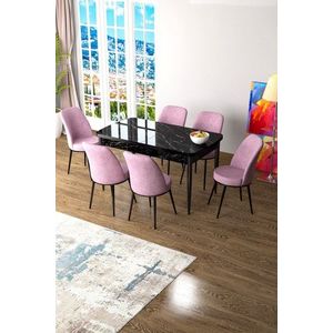 Extendable Dining Table & Chairs Set (7 Pieces) Zen - Black Marble, Pink obraz