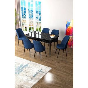 Extendable Dining Table & Chairs Set (7 Pieces) Zen - Black Marble, Navy Blue obraz