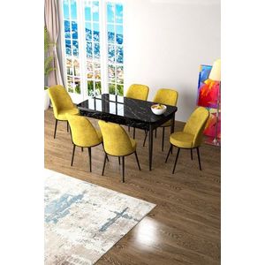 Extendable Dining Table & Chairs Set (7 Pieces) Zen - Black Marble, Mustard obraz