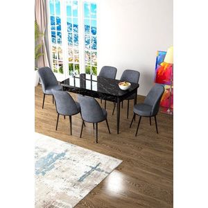 Extendable Dining Table & Chairs Set (7 Pieces) Zen - Black Marble, Fume obraz