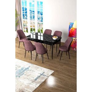 Extendable Dining Table & Chairs Set (7 Pieces) Zen - Black Marble, Dusty Rose obraz