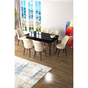 Extendable Dining Table & Chairs Set (7 Pieces) Zen - Black Marble, Cream obraz