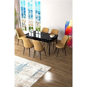 Extendable Dining Table & Chairs Set (7 Pieces) Zen - Black Marble, Cappuccino obraz