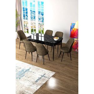 Extendable Dining Table & Chairs Set (7 Pieces) Zen - Black Marble, Brown obraz