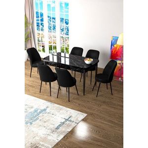 Extendable Dining Table & Chairs Set (7 Pieces) Zen - Black Marble, Black obraz
