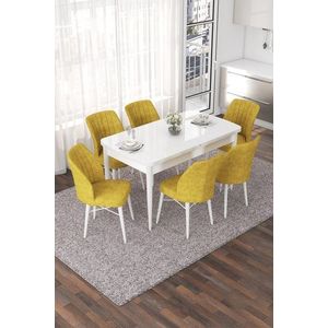 Extendable Dining Table & Chairs Set (7 Pieces) Nef - White, Mustard obraz