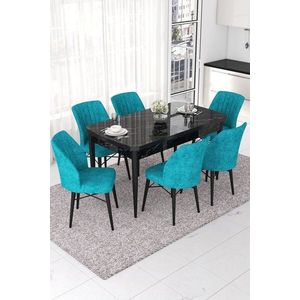 Extendable Dining Table & Chairs Set (7 Pieces) Nef - Black Marble, Turquoise obraz