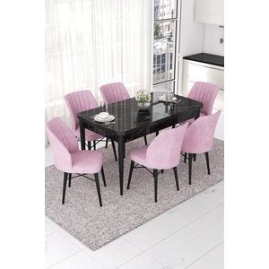 Extendable Dining Table & Chairs Set (7 Pieces) Nef - Black Marble, Pink obraz