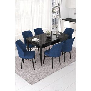 Extendable Dining Table & Chairs Set (7 Pieces) Nef - Black Marble, Navy Blue obraz