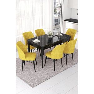Extendable Dining Table & Chairs Set (7 Pieces) Nef - Black Marble, Mustard obraz