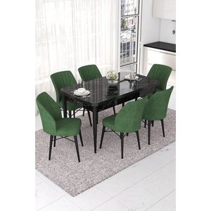 Extendable Dining Table & Chairs Set (7 Pieces) Nef - Black Marble, Khaki obraz