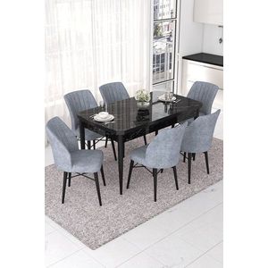 Extendable Dining Table & Chairs Set (7 Pieces) Nef - Black Marble, Grey obraz