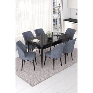 Extendable Dining Table & Chairs Set (7 Pieces) Nef - Black Marble, Fume obraz