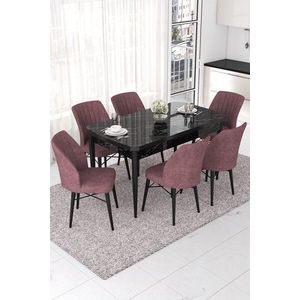 Extendable Dining Table & Chairs Set (7 Pieces) Nef - Black Marble, Dusty Rose obraz