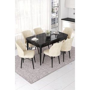 Extendable Dining Table & Chairs Set (7 Pieces) Nef - Black Marble, Cream obraz